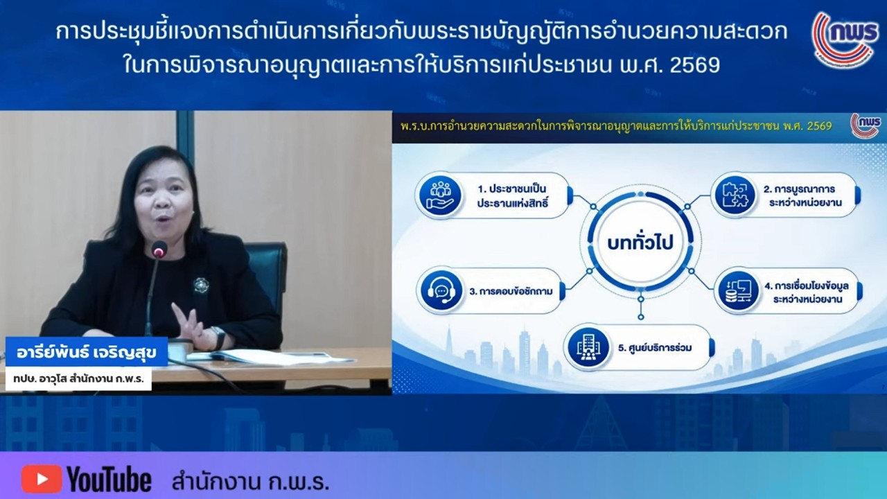 title - เข้าร่วมรับฟังการชี้แจงพระราชบัญญัติการอำนวยความสะดวกในการพิจารณาอนุญาตและการให้บริการแก่ประชาชน พ.ศ.&nbsp;2569 ผ่านสื่ออิเล็กทรอนิกส์ (ผ่านระบบออนไลน์&nbsp;YouTube Live สำนักงาน ก.พ.ร.) 